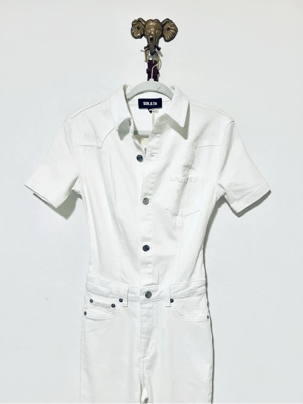 SER.O.YA Fallon White Denim Jumpsuit X Small Flare Frayed Slit Stretch $395. F